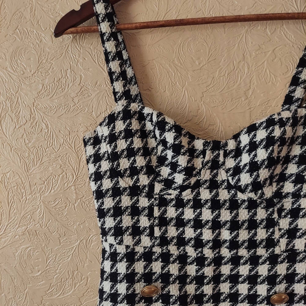 Forever 21 houndstooth mini dress black white tweed w gold buttons NEW Sz XS - Picture 2 of 11